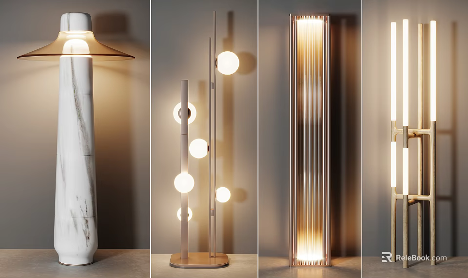 Modern Floor Lamps Featuring Marble Bases Spherical Lights And Striped Designs 3d model 