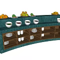 Teal Checkered Buffet Table With Fruits Bowls And Wooden Shelves