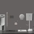 Toilet with Gray Wall Urinal Sink Toilet Paper Holder Soap Dispenser and Trash Can