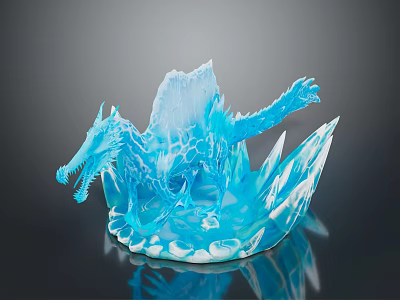 Blue Dragon Character Crystal Ice Sculpture Model With Sharp Wings And Icy Base 3d model