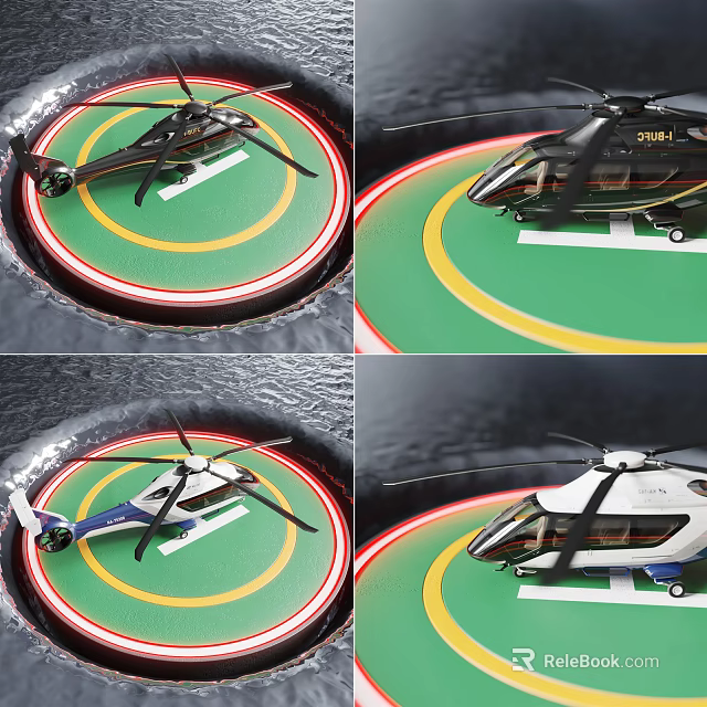 Modern Helicopter Parked On Green Helipad With Yellow Red Lines And Rotors 3d model 
