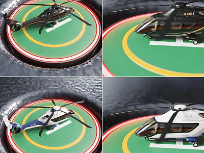 Modern Helicopter Parked On Green Helipad With Yellow Red Lines And Rotors 3d model