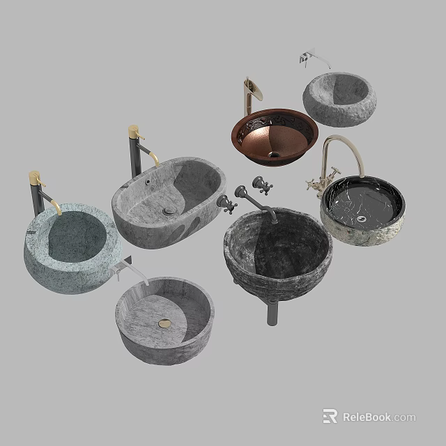 Various Stylish Washbasins With Different Materials Round And Oval Shapes Modern Faucet Designs 3d model 