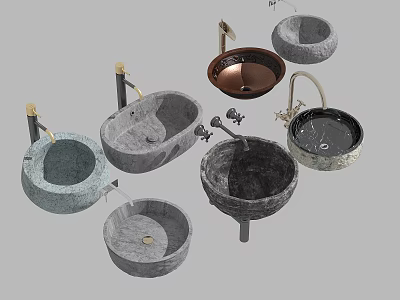 Various Stylish Washbasins With Different Materials Round And Oval Shapes Modern Faucet Designs 3d model