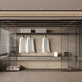Modern Wardrobe Interior With Black Grid Doors Hanging White Shirts And Storage Space