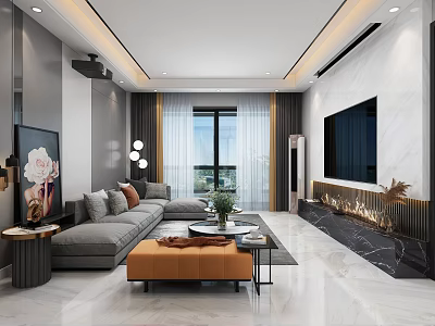 Modern Living Dining Room with Gray Sofa Orange Ottoman TV and Marble Fireplace Large Window 3d model