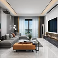 Modern Living Dining Room with Gray Sofa Orange Ottoman TV and Marble Fireplace Large Window