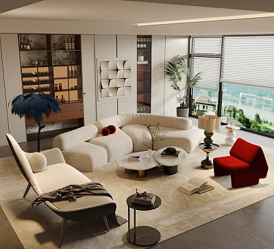 Elegant Curved Sectional Sofa And Marble Coffee Table Set For Modern Luxury Living Room 3d model