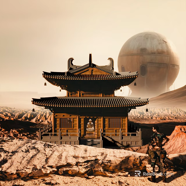 Ancient Chinese Architecture With Curved Eaves Traditional Roof In Desert Mountain Landscape Featuring Futuristic Sphere 3d model 