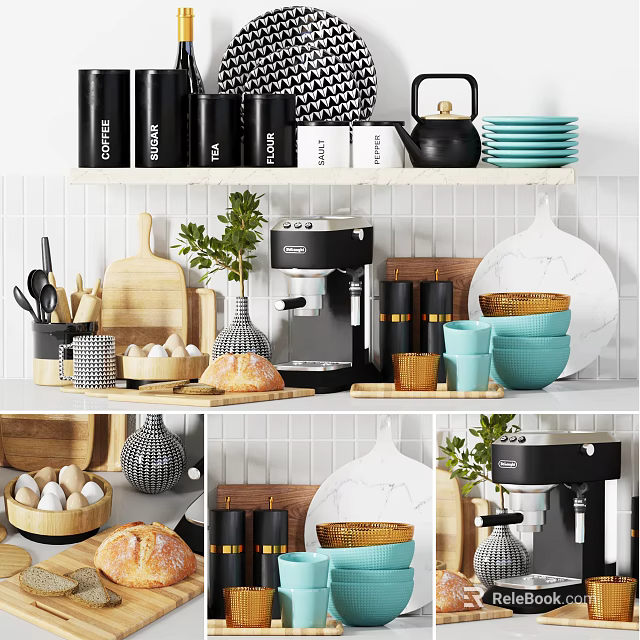 Modern Kitchenware With Black Canisters Coffee Maker Blue Bowls And Wooden Cutting Board On Shelves 3d model 