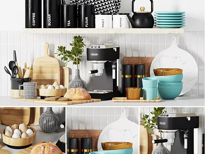 Modern Kitchenware With Black Canisters Coffee Maker Blue Bowls And Wooden Cutting Board On Shelves 3d model