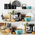 Modern Kitchenware With Black Canisters Coffee Maker Blue Bowls And Wooden Cutting Board On Shelves