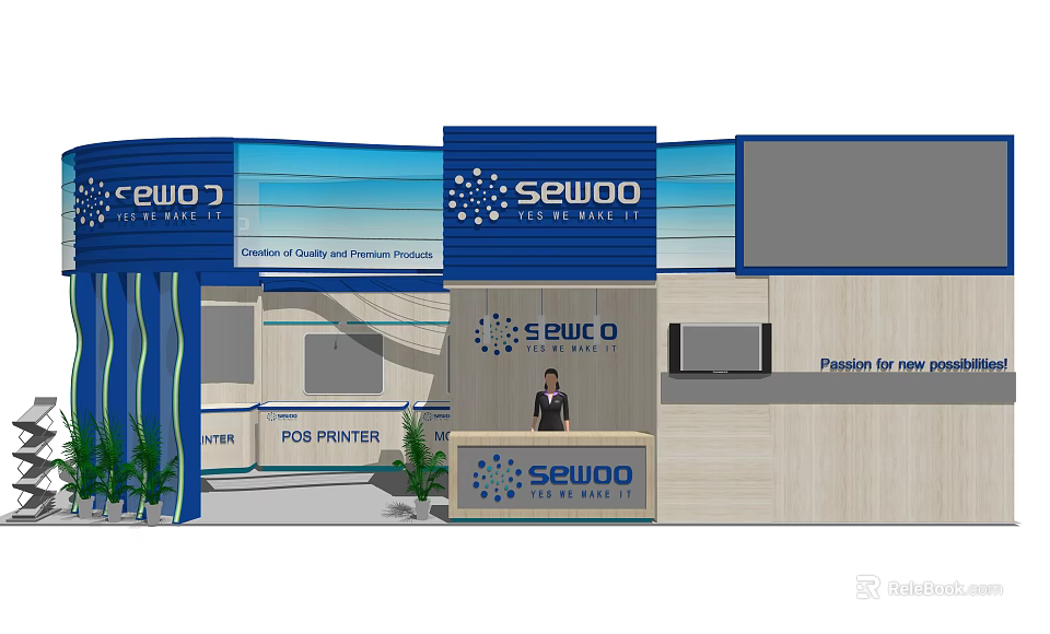 SEWOO POS Printer Exhibition Booth With Blue Design And Staff Presence 3d model 