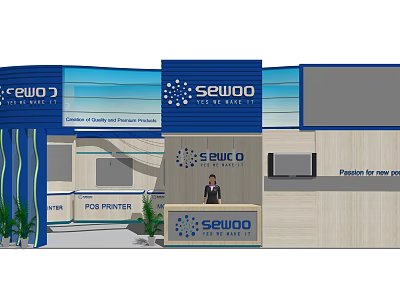 SEWOO POS Printer Exhibition Booth With Blue Design And Staff Presence 3d model