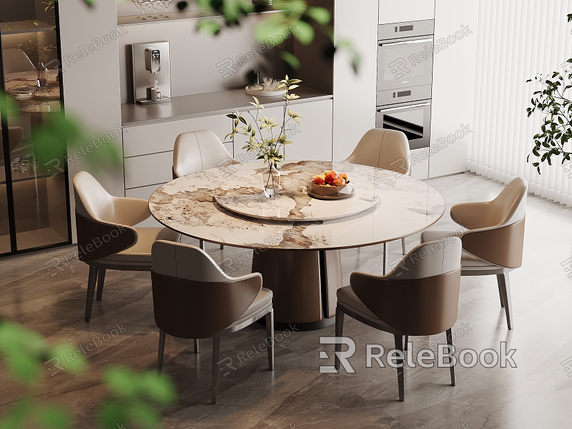 Marble Dining Table and Chair Combination Light Luxury Dining Room Round Dining Table Rock Board Dining Table Leather Dining Chair Six-person Cabinet Wine Cabinet Kitchen Supplies Vase model