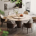 Modern Round Marble Dining Table Set with Six Chairs and Green Plants in Bright Space