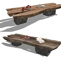 Quiet Bench Stone Fruit Book Ornaments Log Table 3d model
