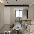 Modern Living Dining Room Interior With Light Colored Sofa Chairs Pillows And Decorative Painting