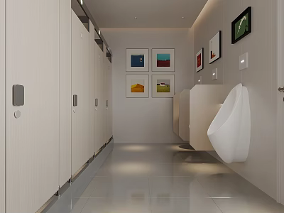 Modern Public Restroom With Stalls Urinals Wall Artworks And Tiled Floor 3d model