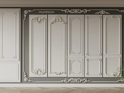 Elegant White Wainscoting Panel Design On Dark Wall With Intricate Carvings And Moldings 3d model
