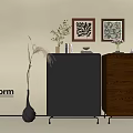 Modern Entryway Cabinet And Side Cabinet With Wooden Finish Metal Legs And Framed Art Decorations
