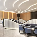 Modern Restaurant Interior With Wooden Walls Curved Partitions Round Tables And Gray Chairs