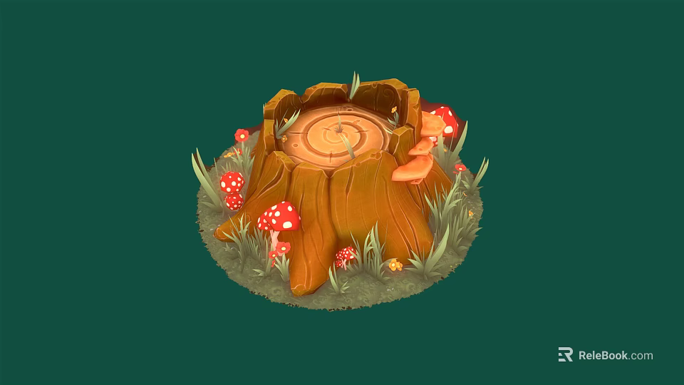 Natural Plant Scene With Tree Stump Red Spotted Mushrooms And Lush Green Grass 3d model 