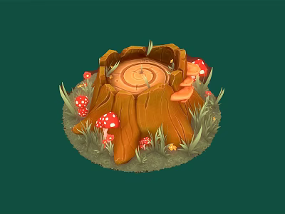Natural Plant Scene With Tree Stump Red Spotted Mushrooms And Lush Green Grass 3d model