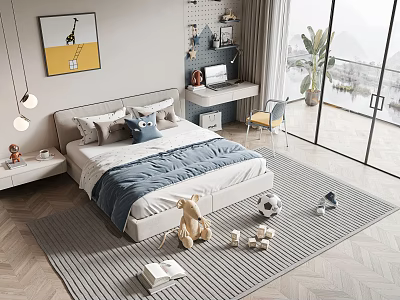 Cozy Children's Bed Bedroom with Soft Bedding Toys Study Desk and Artwork 3d model