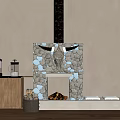 Stone Fireplace With Cow Skull Decor Wooden Cabinet Coffee Maker And Flames