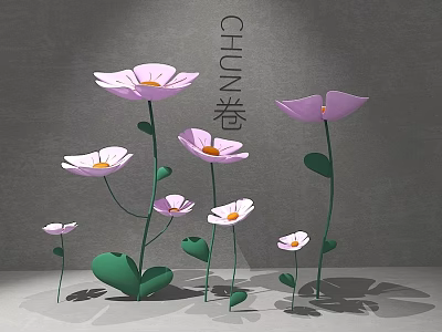 Chun Juan Themed Pink Purple Flowers with Green Leaves in Various Heights on Gray Background 3d model