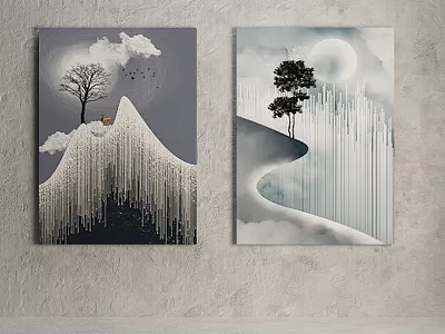Modern Abstract Wall Art With Tree Moon Clouds Vertical Lines And Gray Tones 3d model