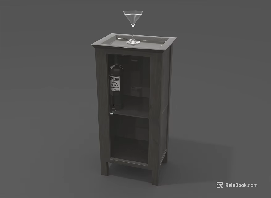Sleek Dark Wine Cabinet With Open Shelves And Martini Glass On Top Wine Bottle Storage 3d model 