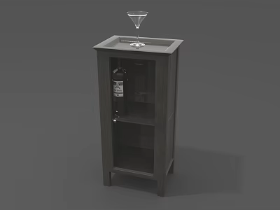 Sleek Dark Wine Cabinet With Open Shelves And Martini Glass On Top Wine Bottle Storage 3d model