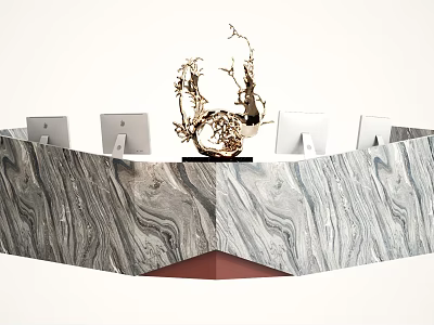Modern Reception Desk With Marble Texture Multiple Computer Monitors And Decorative Sculpture 3d model