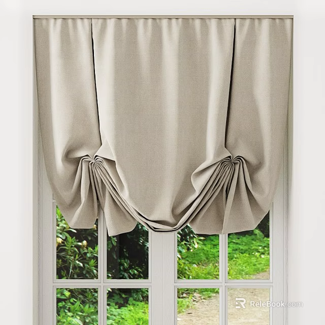 Elegant Beige Pleated Curtains for Window with Soft Design and Greenery View 3d model 