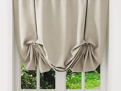 Elegant Beige Pleated Curtains for Window with Soft Design and Greenery View 3d model