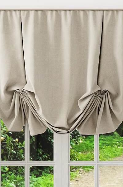 Elegant Beige Pleated Curtains for Window with Soft Design and Greenery View 3d model