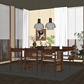 Modern Restaurant Interior With Wooden Table And Chairs Two Hanging Lights Beige Curtains Artwork Plants
