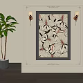 Black Framed Floral Oil Painting with Red Details on Wall with Lamps and Green Plant