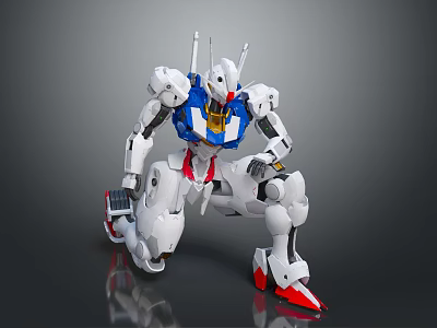 Futuristic Robot Character With Detailed Mechanical Design White Blue Red Crouching Pose 3d model