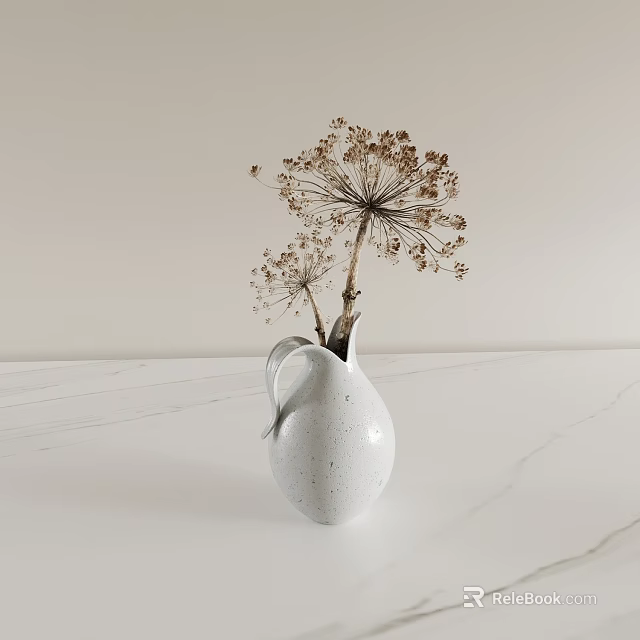 White Speckled Ceramic Vase With Dried Flowers On Marble Countertop Against Light Wall 3d model 