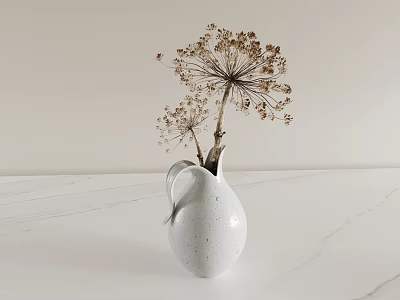 White Speckled Ceramic Vase With Dried Flowers On Marble Countertop Against Light Wall 3d model
