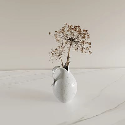 White Speckled Ceramic Vase With Dried Flowers On Marble Countertop Against Light Wall 3d model