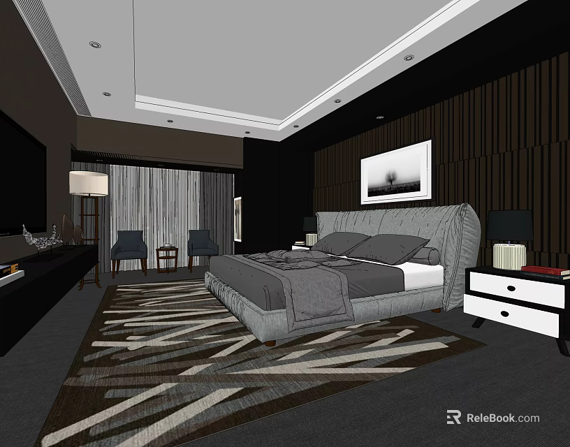 Luxurious Modern Hotel Guest Room With King Size Bed Patterned Rug And Armchairs 3d model 