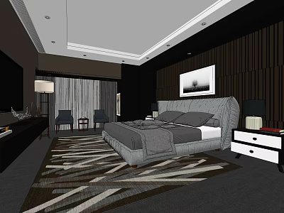 Luxurious Modern Hotel Guest Room With King Size Bed Patterned Rug And Armchairs 3d model