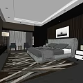Luxurious Modern Hotel Guest Room With King Size Bed Patterned Rug And Armchairs