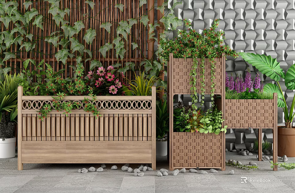 Charming Garden Decor With Layered Wooden Planters Green Plants Colorful Flowers Lattice Backdrop And Pebbles 3d model 