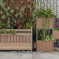 Charming Garden Decor With Layered Wooden Planters Green Plants Colorful Flowers Lattice Backdrop And Pebbles