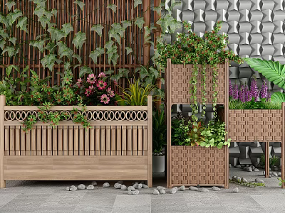 Charming Garden Decor With Layered Wooden Planters Green Plants Colorful Flowers Lattice Backdrop And Pebbles 3d model